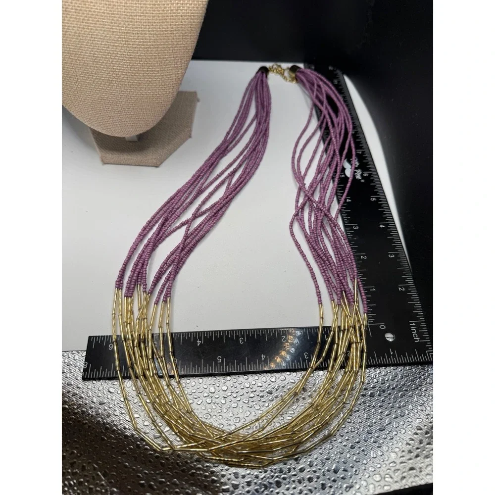 Multi‎ Strand Lavender Purple Seed Bead Gold Tone Bugle Bead Statement Necklace
